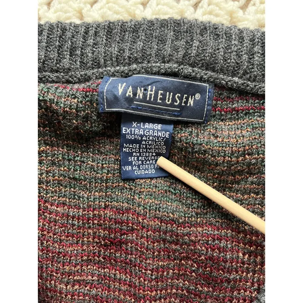 Vintage 90s Striped Grandpa Sweater Red Green Copper V-neck Cosby Size XL - Picture 3 of 3
